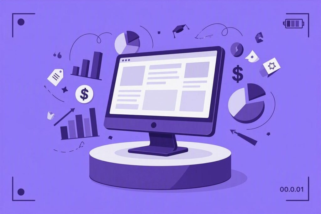 This vector illustration features a purple desktop computer monitor displaying a website wireframe or financial dashboard layout on a matching pedestal, surrounded by floating business and data analytics icons like charts, dollar signs, and pie graphs.
